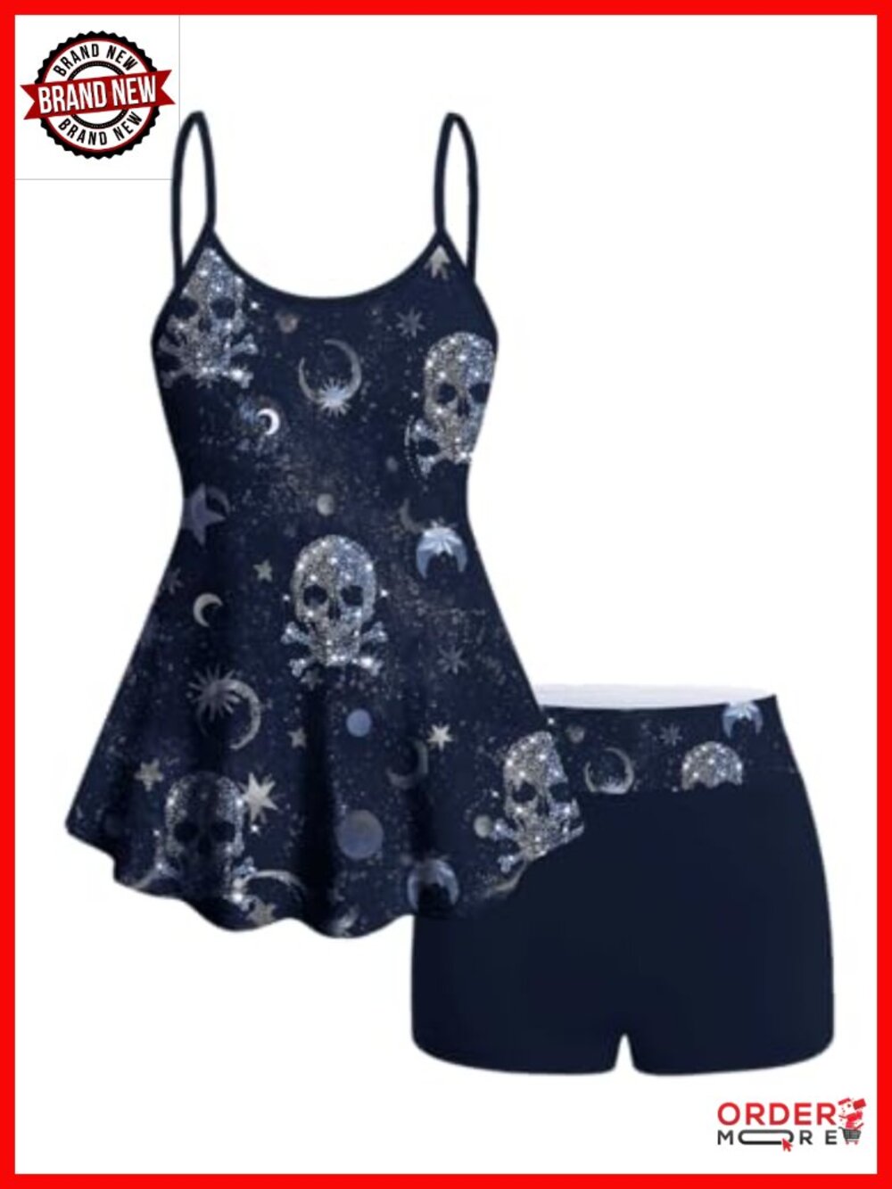 Plus Size Gothic Tummy Control Tankini Swimsuit with Skulls Print, Two Piece